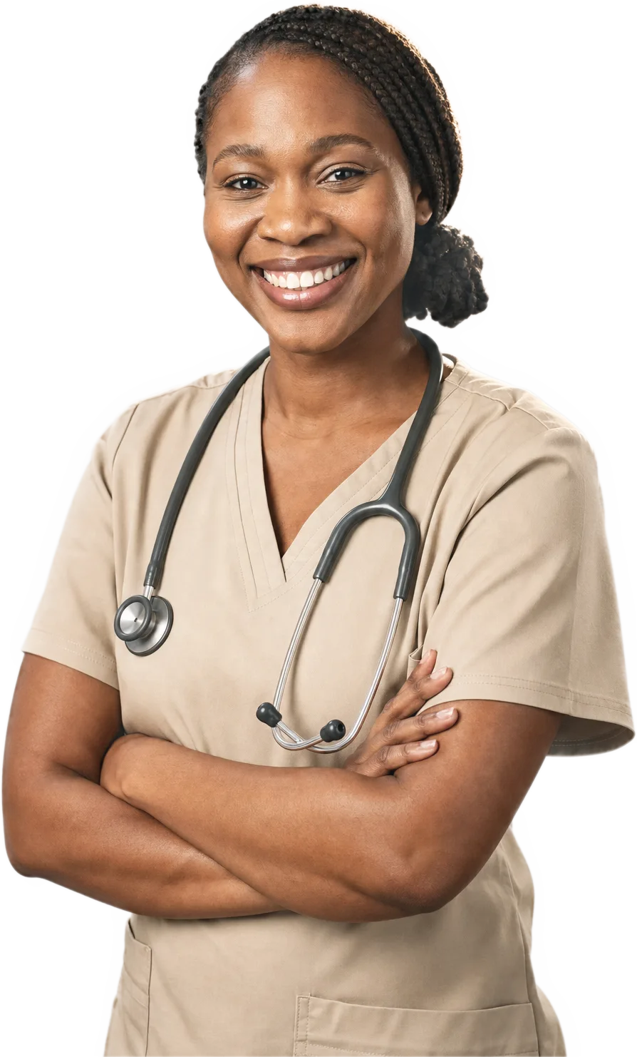 A smiling intensive-care nurse in a sand-coloured scrub top with a stethoscope.
